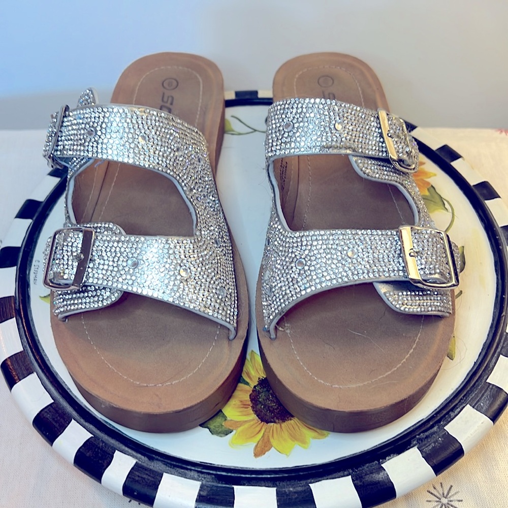 Silver Crystal Bling Double Strap Sandals Slides